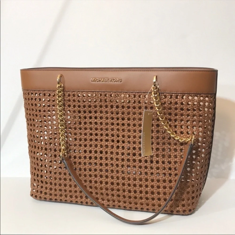 Michael Kors Large woven braided leather tote shoulder bag chain straps